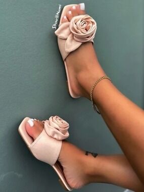 Bamboo Buzzing Rosette Flat Slip On Slide Sandals in Nude Satin